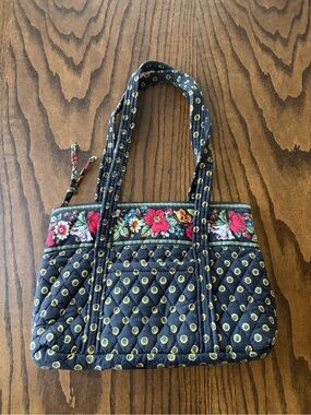 Vintage Vera Bradley Quilted Floral Tote Bag in Black with Multi-Color Trim